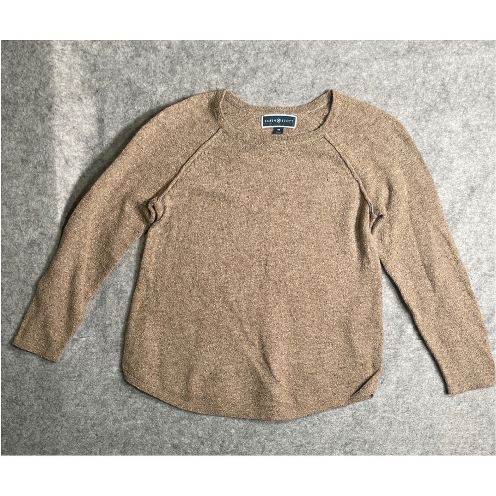 Karen Scott Petite Tan Marled Crew Neck Raglan Sleeve Sweater Size PS